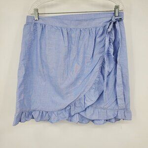 J. Crew Wrap Mini Skirt In Cotton Poplin Blue Ruffled‎ Tie Side Skirt Size 12